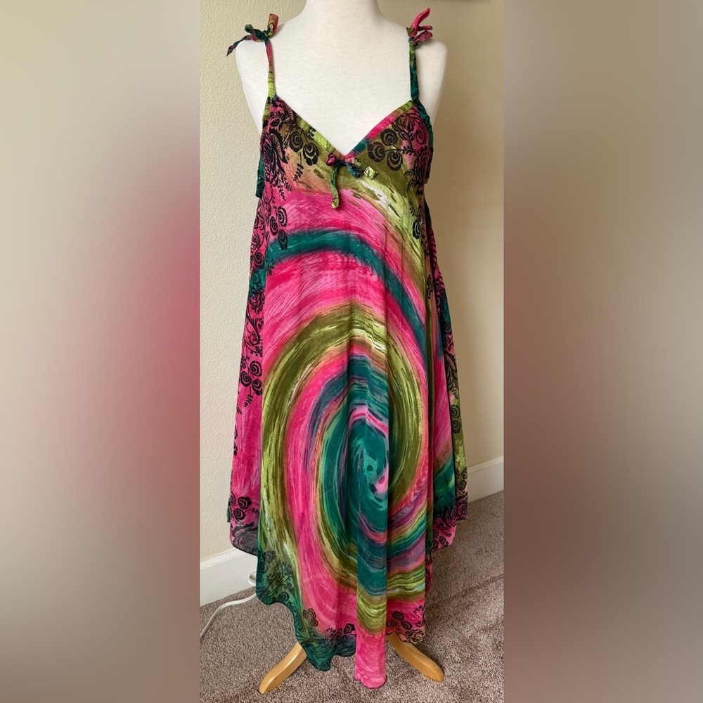 Elegant Asymmetrical Pink and Green Dress